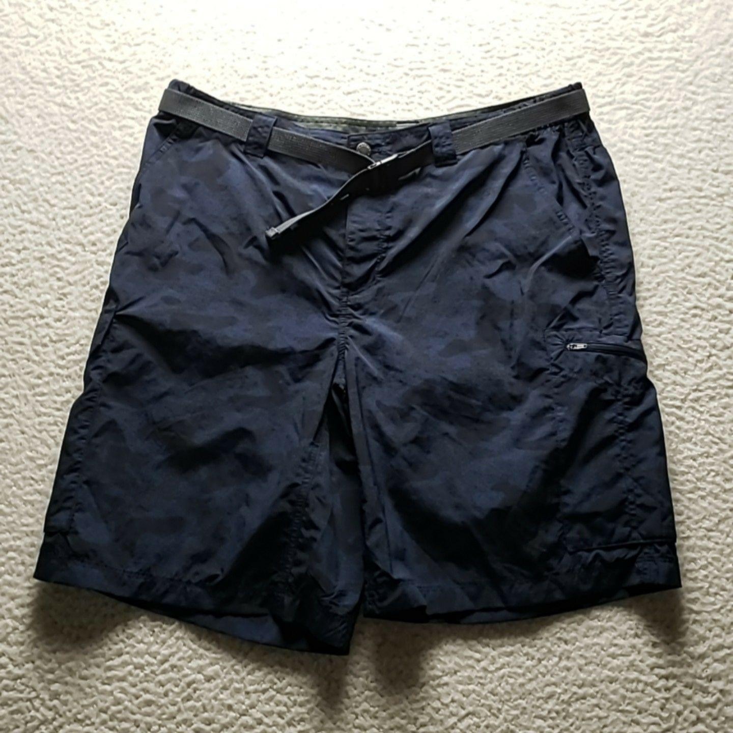 Columbia Cargo Shorts Mens 38 Blue Camo Omni-Shade Belted 10 Inseam Casual